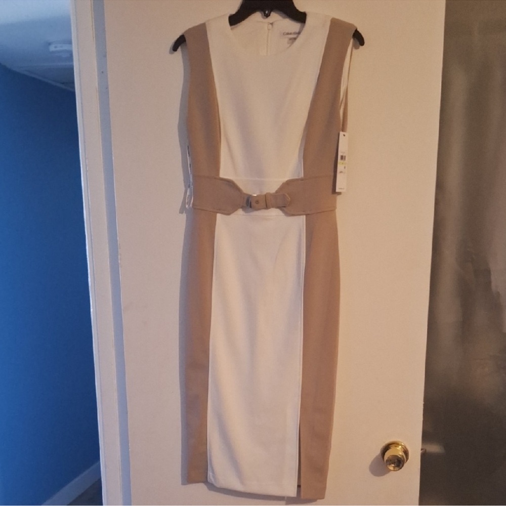 Calvin Klein CK Elegant White Tan Colorblock Sleeveless Buckle Front MIDI Dress